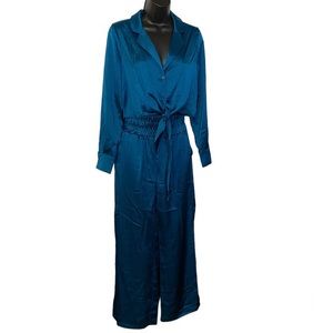 Sincerely Jules Pant Suit Satin Tie Front Crop Top Wide Leg Pants Teal Medium